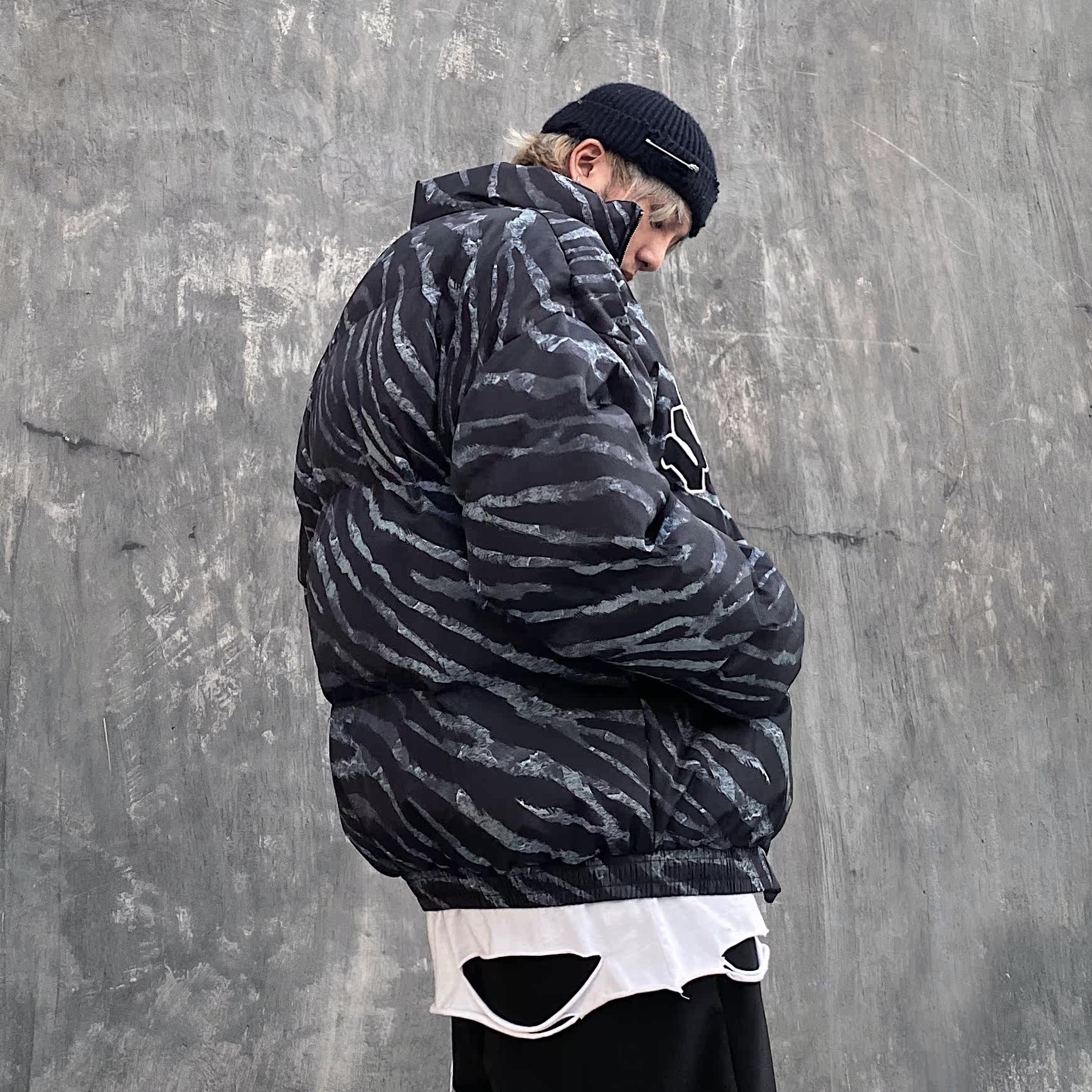 nfg高街宽松加厚斑马纹oversize暗黑风嘻哈御寒外套棒球棉服夹克