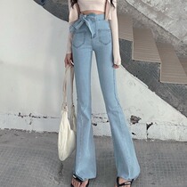 Korean chic design sense niche retro high waist lace slim trumpet jeans fashion versatile trousers