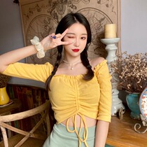 Western-Air careful machine one-word collar Middle sleeve thin off-shoulder T-shirt design wrinkled drawstring wooden ear Joker top female