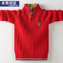 Boys sweater plus velvet thickened winter turtleneck childrens knitwear Red foreign boy middle and big child thick Korean version