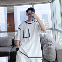 (VERA KANE) Korea ins summer casual spray paint striped crew neck short sleeves loose sports shorts two pieces of tide