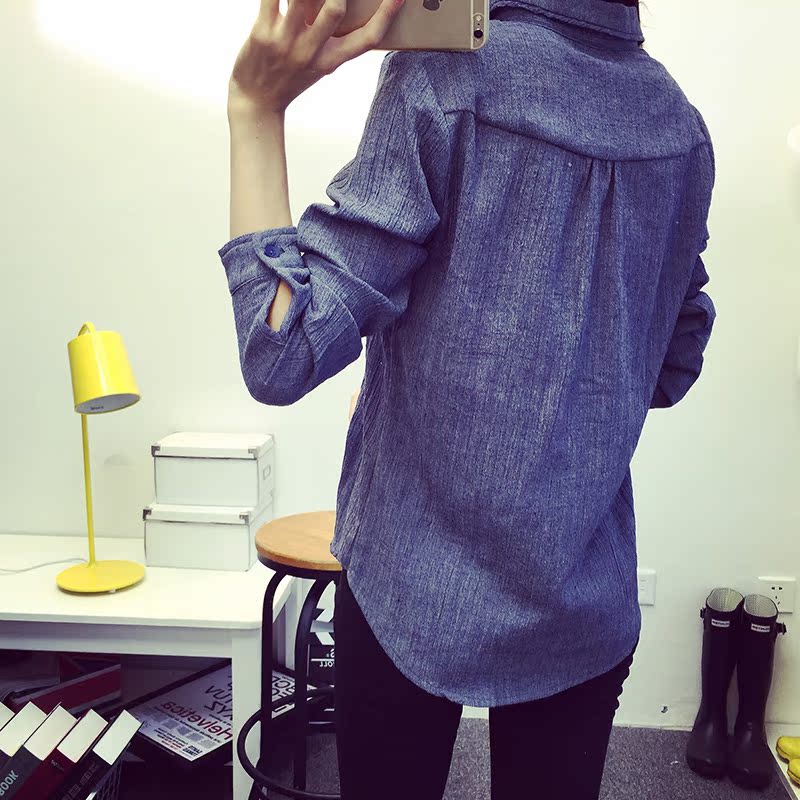 索尔莉2015秋装新款韩版女装休闲牛仔色长袖衬衫宽松打底衫女衬衣产品展示图1
