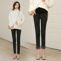 Pregnant womens jeans plus velvet womens winter 2020 base spring and autumn tide mom autumn and winter wear autumn small feet thin pants