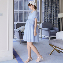 Pregnant Women summer dress short sleeve round neck solid color long skirt fashion hot mom Net red lace neck top