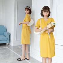 Pregnant woman dress summer short sleeve yellow v collar irregular skirt Korean version wear loose medium length maternity dress