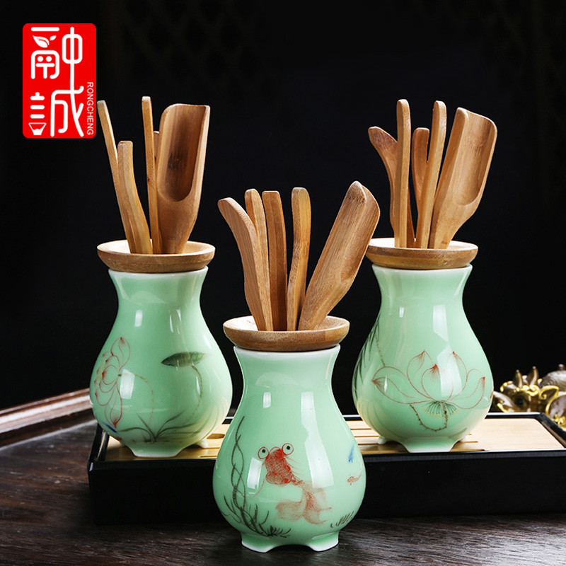 Tea six gentleman 's suit household bamboo wood receive tube ebony kung fu Tea accessories ceramic Tea set