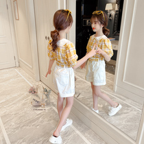 Summer Net red pop girl set 2021 New Korean version of foreign-style childrens two-piece little girl plaid summer dress