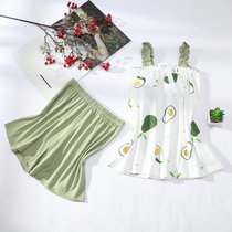 Pure cotton pyjamas female summer harnesses Korean version Two sets of sweet and cute little frescoed students Home Suits Women Summer Thin