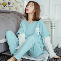 Sleepwear womens spring autumn pure cotton long sleeve suit Korean version sweet and cute frescoed student Princess Wind Home Costume Women Fall