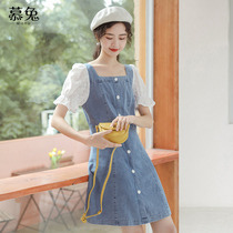 Little Bubble Sleeve Denim Dress Girl Summer 2021 New French Sweet Square Collar Age Skirt