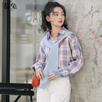 Mu rabbit shawl long sleeve plaid shirt women Autumn wear Joker 2021 new design sense niche bubble sleeve top