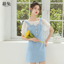 Mutu Balloon Flower Skirt First Love Bubble Sleeves Splicing Denim Dress 2022 Summer New dress Less age A word dress