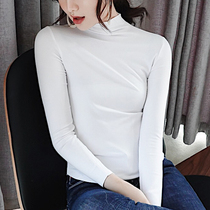 Classic 2019 autumn and winter stand collar t-shirt women long sleeve solid color thread cotton semi high collar slim base shirt long sleeve