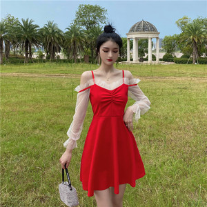 New style V-neck suspender with flounced flared sleeve stitching dress