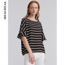 MEACHEAL missier 2019 new summer striped stitching fashion commuter thin round neck casual shirt