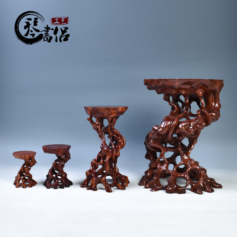 Pianology picking red wingceltis carved with stone, jade bonsai base base round solid wood flowerpot base