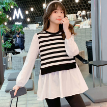 Pregnancy Woman Dress Spring Dress Jacket Fashion style Spring and autumn net red tides mothers outside wearing fake two loose striped pure cotton breast-feeding clothes