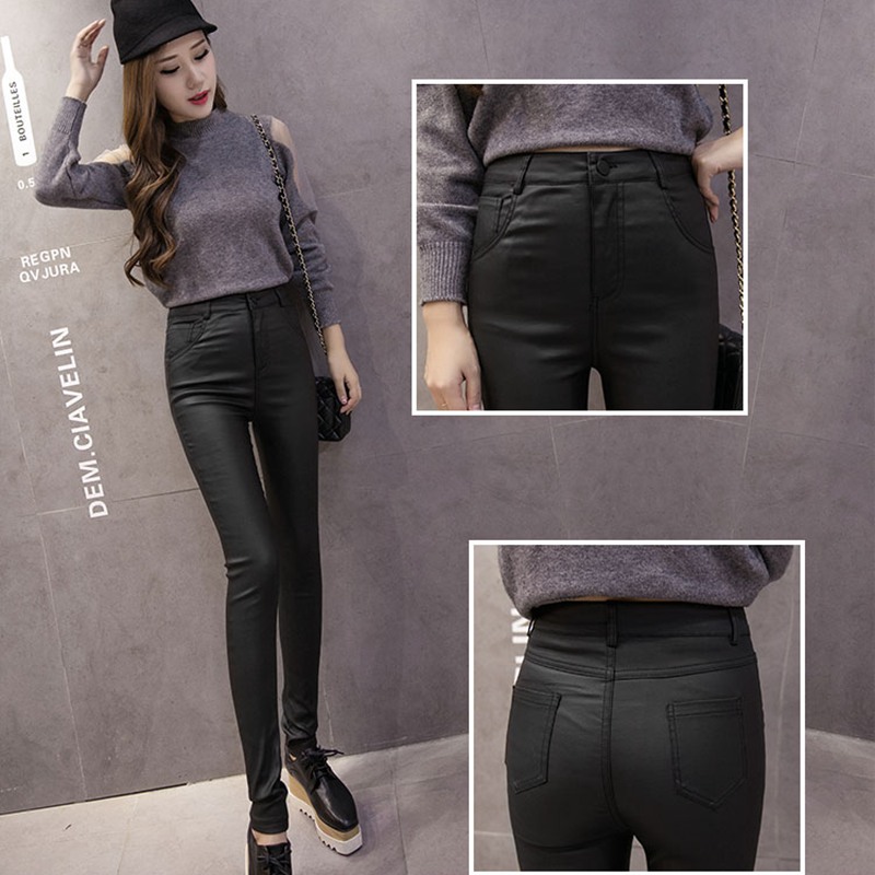 Spring, autumn and winter new high-waist elastic slimming leather pants women's outer wear plus velvet nubuck leather pants leggings women trend