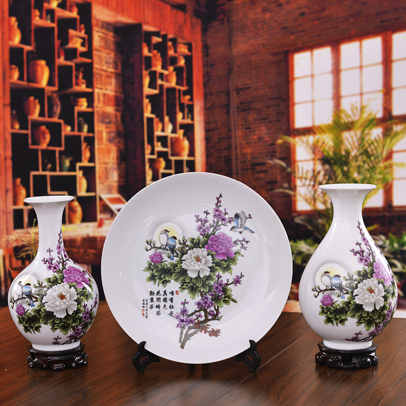 Jingdezhen ceramics three - piece enamel vase sitting room decoration plate home furnishing articles wedding gift