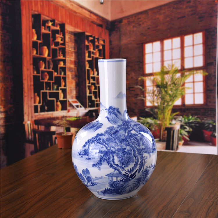 Jingdezhen ceramics landing large vases, antique landscape living room home furnishing articles of blue and white porcelain hotel decoration