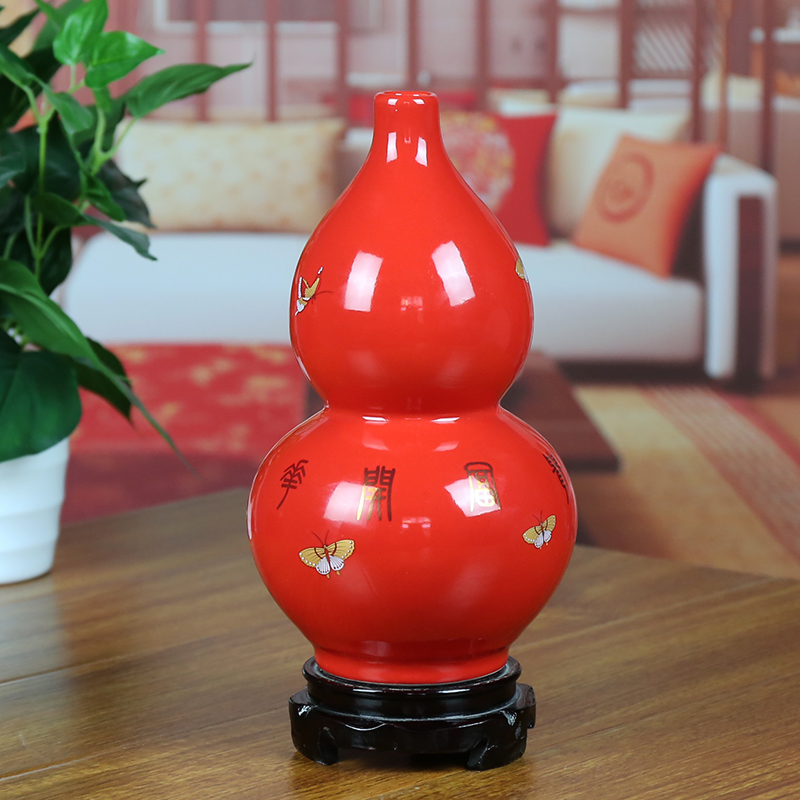 Jingdezhen ceramic vases, Chinese red modern home sitting room place gold peony gourd bottle housewarming gift