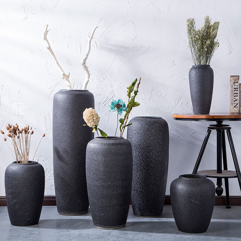 Jingdezhen ceramic black ground coarse pottery vases, I and contracted sitting room of dried flowers flower arrangement furnishing articles manually basin of restoring ancient ways