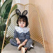 Girls baby autumn jumpsuit plaid baby autumn ha clothes climbing clothing 3 months 6 female treasure autumn clothing Korean version