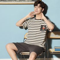 Crayon Shin pajamas mens summer cotton thin short sleeve casual set mens cartoon youth stripes home clothes