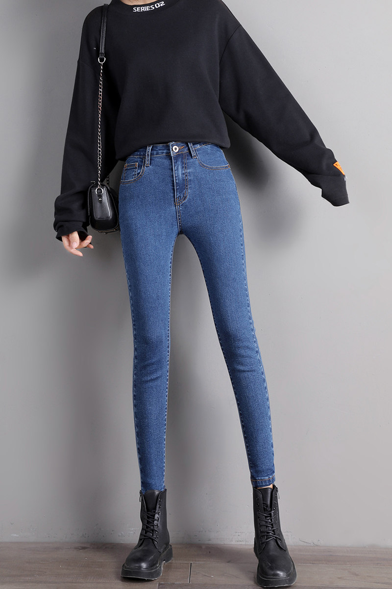 实拍2236#小脚裤子高腰显瘦铅笔裤冬季蓝色牛仔裤百搭女紧身裤