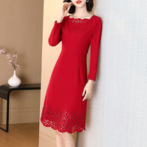 Red dress female spring and autumn 2021 new long sleeve retro Hepburn style temperament square collar hollow slim socialite