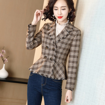 Little Fragrant Short Coat Women 2021 Autumn and Winter British Style Temperament Leisure Waist Ruffle Plaid Hairy Small Suit