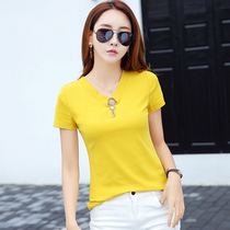 ins short sleeve t-shirt woman 2019 summer fit new Korean version 100 lap V collar pure color sashimi white compassionate half sleeve blouse