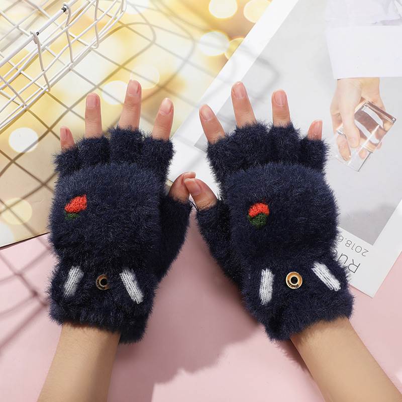 Gloves Female Winter Student Children Half Finger Clamshell Cartoon Plush Autumn Winter Plus Suede Thickened Warm Gloves-Taobao