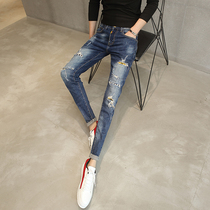 Mens long pants mens beggars broken holes jeans mens Korean version of slim-legged pants trendy mens skinny jeans