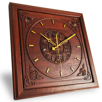 New Chinese style solid wood carving peach wood mahogany Chinese style silent living room square meter box Quartz wall clock watch