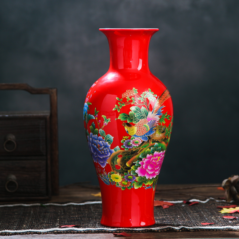 Jingdezhen ceramics China red paint vase vase lotus wedding gifts home handicraft furnishing articles