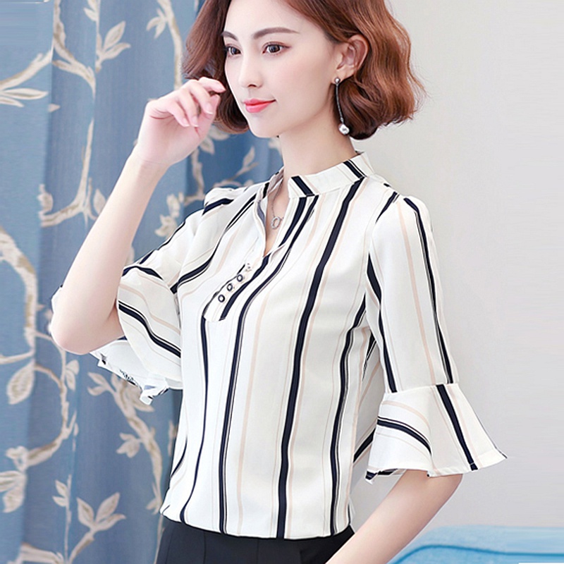娇玲宝中袖条纹雪纺衬衫女士夏装2018新款韩