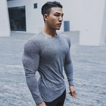 European and American stripes loose tight stretch fitness training long-sleeved crew neck base shirt Winter top fitness clothes men