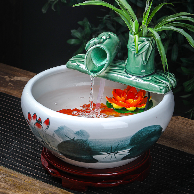 Ceramic tank sitting room small circulation water tank sleep desktop household turtle LianHe flowers cylinder goldfish bowl