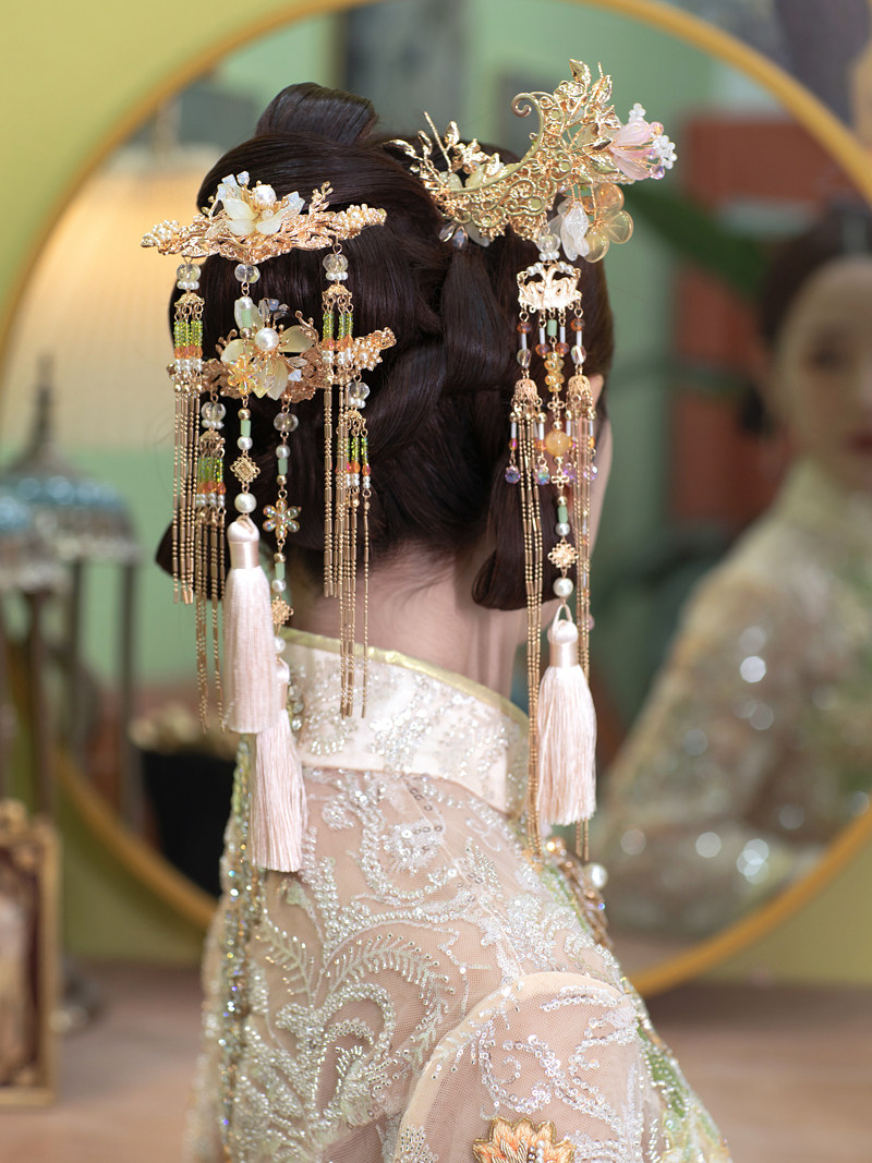 中式新娘发饰珠串长流苏古装发簪新款金色民族风配饰秀禾头饰丹雅