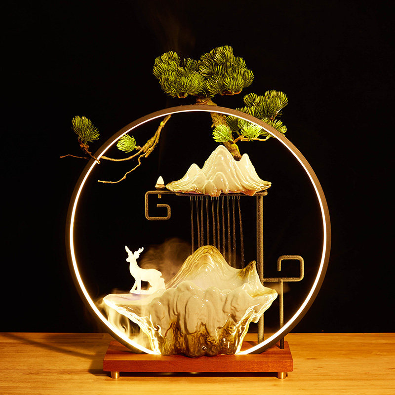 迎客松假树仿真松树美人松盆景雾化加湿器罗汉松客厅家用景观摆件