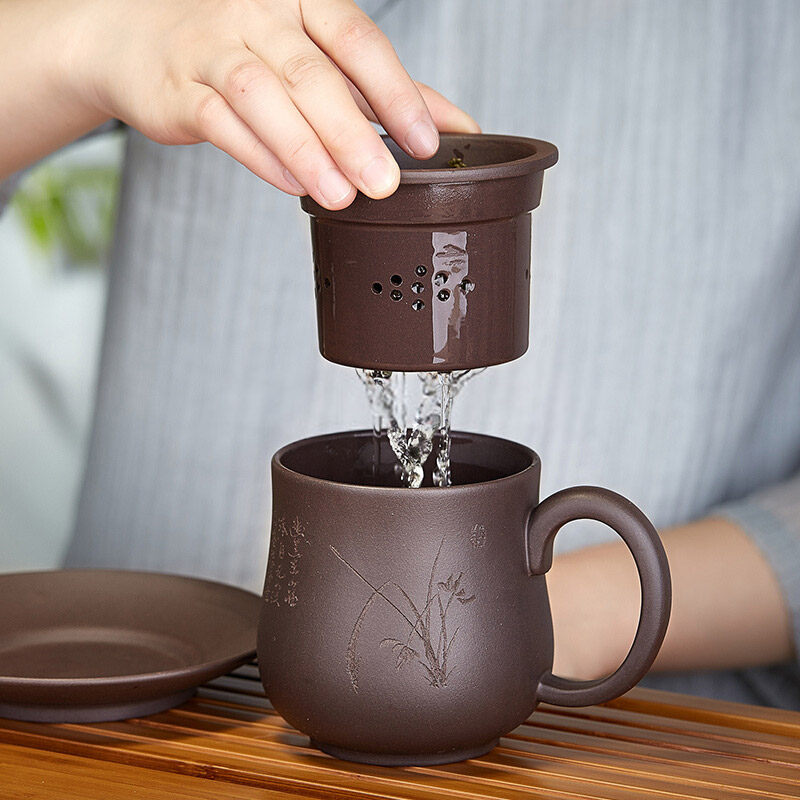 原矿紫砂泡茶杯大容量配盖带过滤内胆茶水分离刻竹水杯子