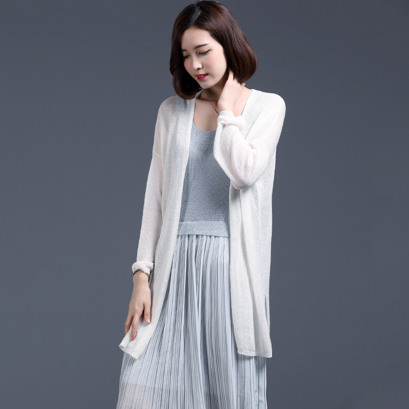 亚麻针织衫女开衫空调衫中长款春秋长袖外搭夏