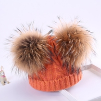 Korean autumn and winter childrens knitted double wool ball 6 months-5 years old real hair Big Hair Ball Baby knocks cute parent-child hat tide