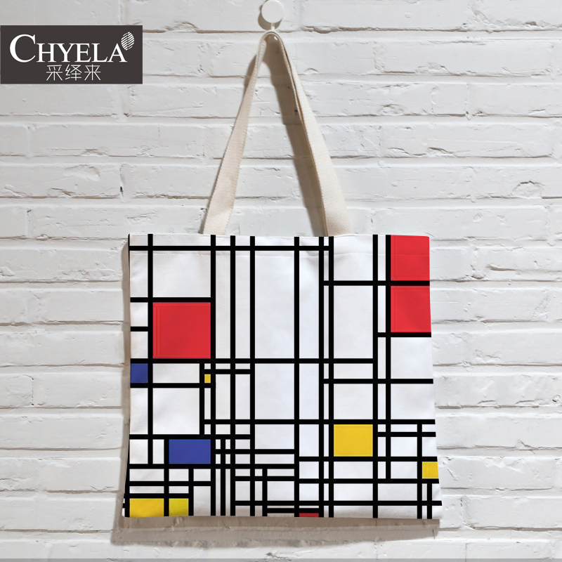 欧美简约抽象线条蒙德里安插画横向帆布包单肩手提购物袋定制az34