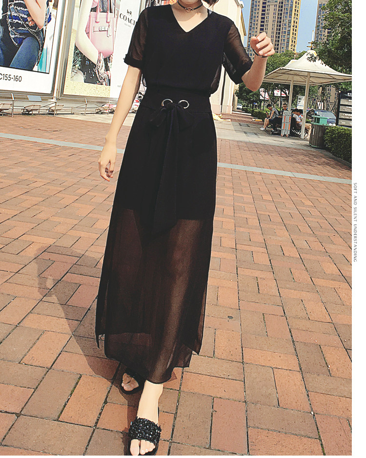 名媛v领长裙2017新款女装修身收腰夏长款连衣