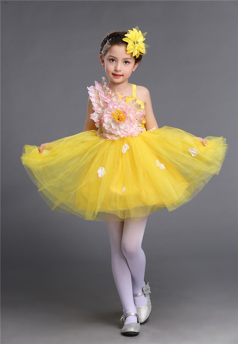 元旦黄色女童连衣裙儿童蓬蓬裙幼儿园小女孩舞蹈表演大合唱服朗诵
