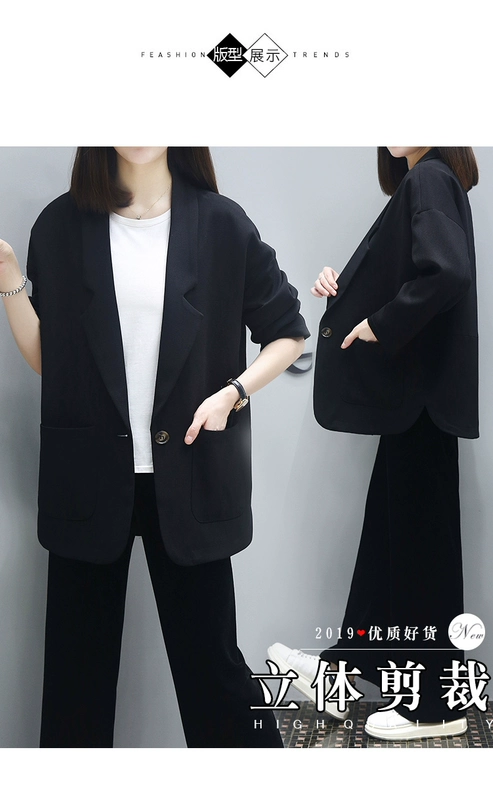 Mùa thu của phụ nữ Hàn Quốc màu đen đơn giản lỏng lẻo giản dị trung dài dài tay phù hợp với áo khoác mỏng phù hợp với áo khoác - Business Suit