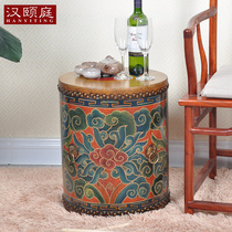 Painted cowhide drum stool New Chinese style solid wood shoe stool Hand-painted sofa round stool small bench National characteristic furniture