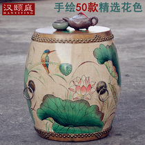 Painted cowhide drum stool New Chinese style solid wood shoe stool Hand-painted sofa round stool small bench creative living room furniture